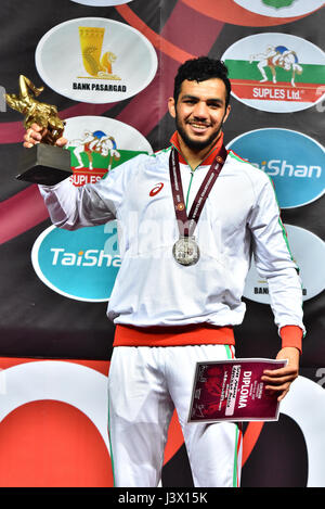 Novi Sad, Serbia. 07th May, 2017. Bulgarian wrestler Tarek Abdelslam won the gold medal in Greco-Roman style in models up to 75 kilograms at the European Wrestling Championship in Novi Sad. In the final he won Chingiz Labazanov from Russia score Credit: Nenad Mihajlovic/Alamy Live News Stock Photo