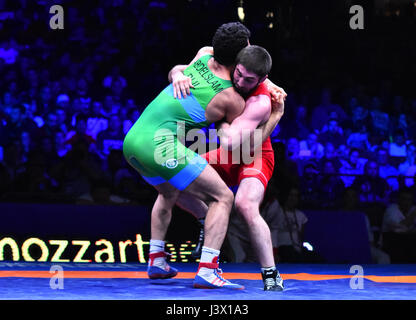 Novi Sad, Serbia. 07th May, 2017. Bulgarian wrestler Tarek Abdelslam won the gold medal in Greco-Roman style in models up to 75 kilograms at the European Wrestling Championship in Novi Sad. In the final he won Chingiz Labazanov from Russia score Credit: Nenad Mihajlovic/Alamy Live News Stock Photo