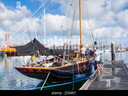 Las Palmas, Gran Canaria, Canary Islands, Spain, 8th May 2017.  Tall ships taking part in the 2017 Rendez-Vous Tall Ships Regatta, which started in the UK in April, arrive in Las Palmas for a 48 hour stopover on the leg from Sines in Portugal to Bermuda. Final destination for the ships is Quebec, Canada, to celebrate the 150th anniversary of the Canadian Confederation. PICTURED: In 2013 Jolie Brise (UK) celebrated the centenary anniversary of her construction by the Paumelle yard in Le Havre in 1913. The world famous, gaff-rigged pi Stock Photo