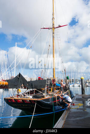 Las Palmas, Gran Canaria, Canary Islands, Spain, 8th May 2017.  Tall ships taking part in the 2017 Rendez-Vous Tall Ships Regatta, which started in the UK in April, arrive in Las Palmas for a 48 hour stopover on the leg from Sines in Portugal to Bermuda. Final destination for the ships is Quebec, Canada, to celebrate the 150th anniversary of the Canadian Confederation. PICTURED: In 2013 Jolie Brise (UK) celebrated the centenary anniversary of her construction by the Paumelle yard in Le Havre in 1913. The world famous, gaff-rigged pi Stock Photo