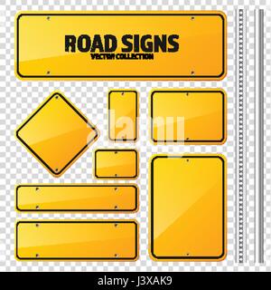 Road yellow traffic sign. Blank board with place for text.Mockup. Isolated information sign. Direction. Vector illustration. Stock Vector