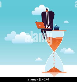 business concept illustration, suited man working on a giant hourglass with birds by his side Stock Vector