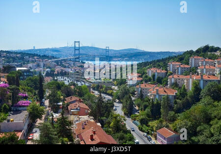 The view from European shore of the Bosphorus  (Besiktas district) to the Bosphorus with the Bosphorus bridge, Istanbul, Turkey Stock Photo