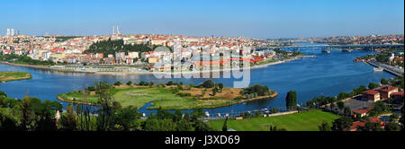 The panoramic view from the viewpoint on the Hill of Pierre Loti to the Golden Horn with the Bahariye islands, Istanbul, Turkey Stock Photo