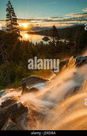 Lake Tahoe is a large freshwater lake in the Sierra Nevada of the United States. Stock Photo