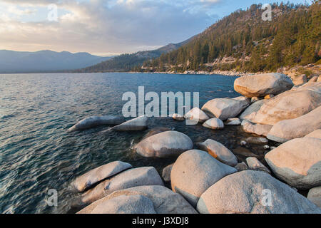 Lake Tahoe is a large freshwater lake in the Sierra Nevada of the United States. Stock Photo