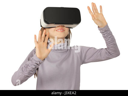 child girl using virtual reality goggle on white Stock Photo