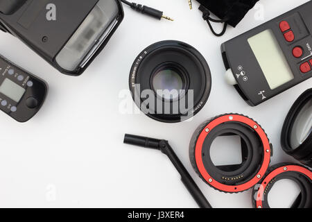 QUEENSTOWN, SOUTH AFRICA - 7 May 2016: Photographic equipment close up isolated on white background - Illustrative editorial image Stock Photo
