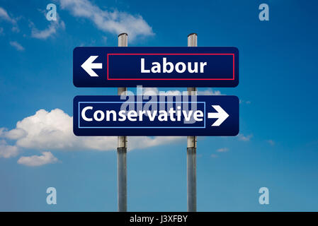 concept of two road signs representing labour and conservative parties in uk early elections in june Stock Photo