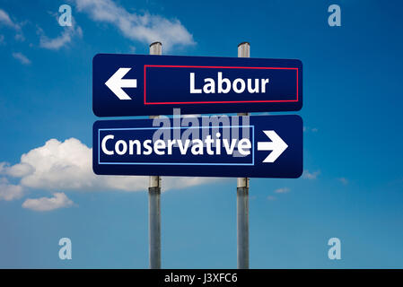 concept of two road signs representing labour and conservative parties in uk early elections in june Stock Photo