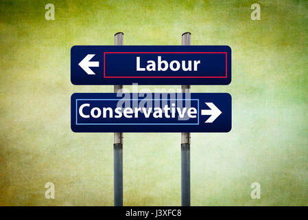 concept of two road signs representing labour and conservative parties in uk early elections in june Stock Photo