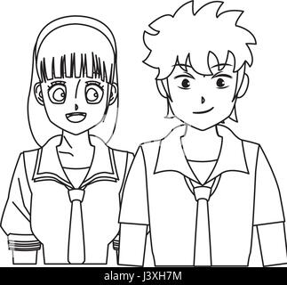 students girl and boy anime cartoon outline Stock Vector