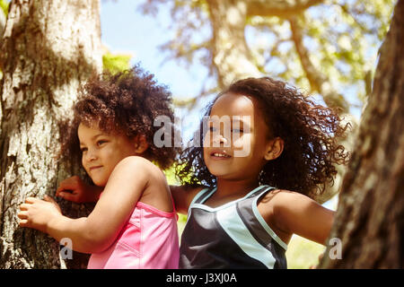 Two young sisters playing on tree