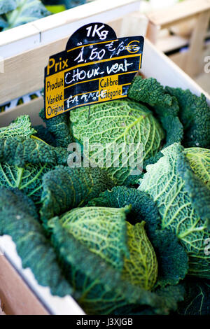 Crate of fresh cabbages at local french market Stock Photo