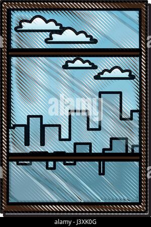 drawing window with view building urban skyline Stock Vector
