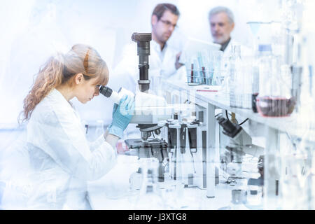 Health care researchers working in life science laboratory. Female researcher microscoping, scientists looking focused at tablet computer screen evalu Stock Photo