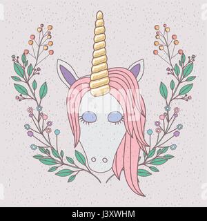 colorful frame with front face of unicorn and half floral crown Stock Vector
