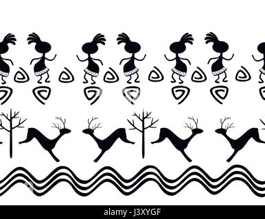 Seamless pattern in the ethnic style of ancient American Indians with scenes of ritual dances of ancient shamans and animals. EPS10 vector illustration Stock Vector