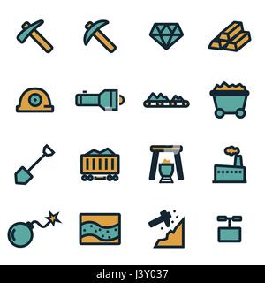 Vector flat mining icons set on white background Stock Vector