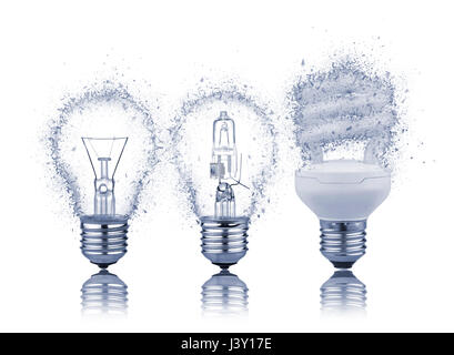 three kinds of light bulbs with Reflection shattered Stock Photo