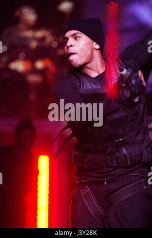 Musician Chris Brown performing at the Gibson Amphitheatre in Universal City, CA. Stock Photo