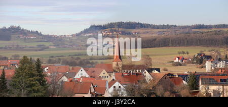 Panorama of the Bavarian town of Thalmaessing in Germany. Two shots in different weather were stitched together. Stock Photo