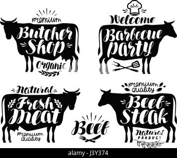 Butcher shop, barbecue party label set. Meat, beef steak, bbq icon or logo. Lettering vector illustration Stock Vector