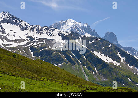 Partly snowy mountain at Charamillon which depends on the commune Le Tour (1462m) near of Chamonix in the French Alps in the Haute-Savoie department Stock Photo