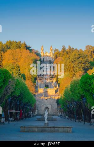Lamego Portugal stairs, view at sunrise of the Baroque stairway leading to the church of the Nossa Senhora dos Remedios in Lamego, Portugal. Stock Photo