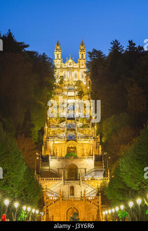 Lamego Portugal stairs, view at night of the Baroque stairway leading to the church of the Nossa Senhora dos Remedios in Lamego, Portugal. Stock Photo