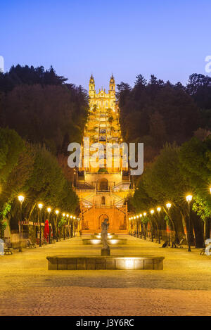 Lamego Portugal stairs, view at night of the Baroque stairway leading to the church of the Nossa Senhora dos Remedios in Lamego, Portugal. Stock Photo