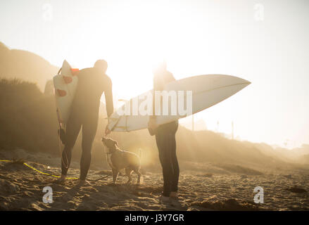 Surfers with dog in sunlight holding surfboards on beach, Malibu, California, USA Stock Photo