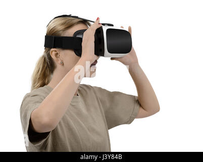 Woman using a HMD head mounted display 3d video goggles Stock Photo