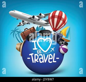 Travel and Tour Vector Poster Design Around the World with Summer Elements and Airplane Flying Around the World. Vector Illustration. Stock Vector