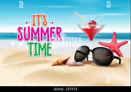 Summer Time Title Vector in Sand and Horizon Background with Cocktail Glass, Shades and Corals in Beach Sea Shore. Editable vector Illustration. Stock Vector