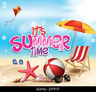Vector Summer Time Title Text in Sea Shore with Realistic Sea Shells and Objects. Kite Flying under the Bright Sun. Vector Illustration. Stock Vector