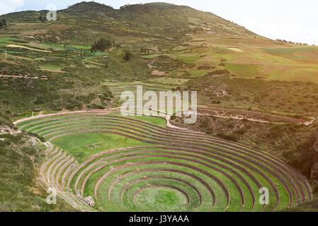 Circle green terraces in ancient city. Panorama of Peru sacred valley Stock Photo