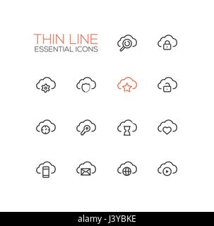 Clouds with Symbols - modern vector single thin line icons set Stock Vector