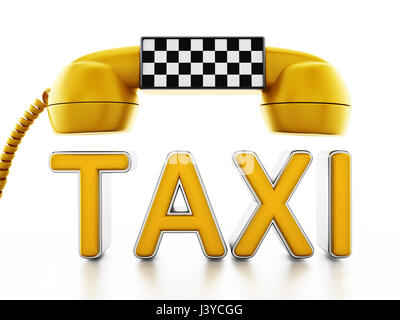 Yellow phone receiver with taxi sign on checkers pattern isolated on white background. Stock Photo