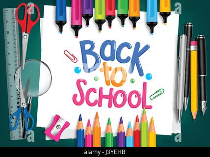 Vector Set of School Items with Back to School Title Written in White Paper with Set of Colorful Crayons and Markers. Vector Illustration. Stock Vector