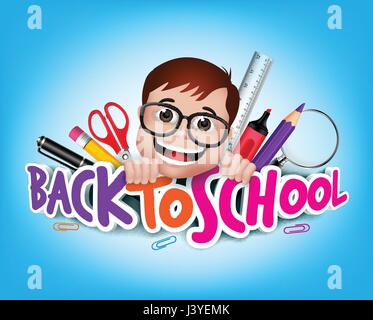 Colorful Back to School Title Vector with Nerd Genius Student Happy Smiling with School Items. Vector Illustration Stock Vector
