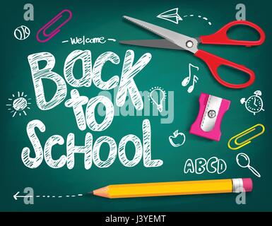 Back to School Title Vector  with School Items with Colored Pencils, Scissor, Magnifier and Ruler in a Blue Texture Background. Stock Vector