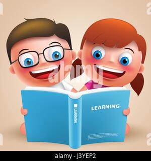 Kids reading book vector characters with happy smile and wearing eyeglasses for school design. Vector illustration Stock Vector