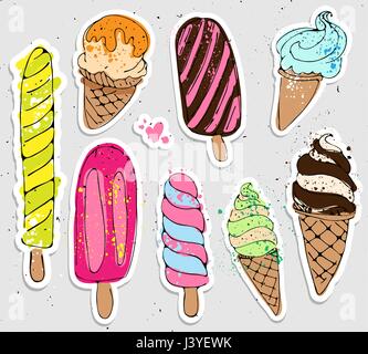big set of cute cartoon hand draw ice creams stickers. cute stickers, patches or pins collection. ice cream colored time stickers set Stock Vector