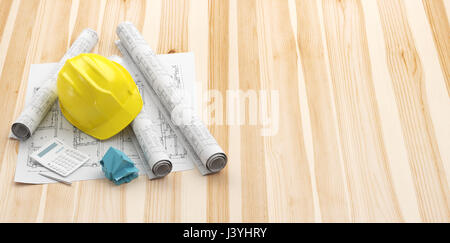 Yellow helmet with buinding project for new house Stock Photo
