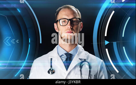 close up of doctor in white coat with stethoscope Stock Photo