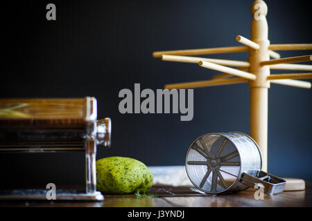 Various items for making noodles on a wooden table Stock Photo