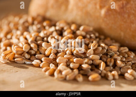 Closeup of spelled grains with bread rolls on a round breakfast board in side light in side light. Stock Photo