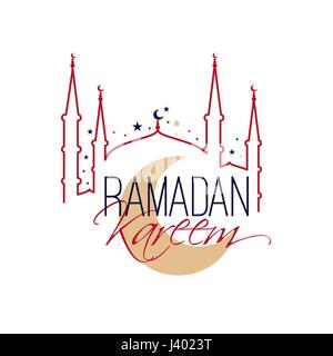 Line art mosque tower with crescent, and hand lettering, graphic silhouette in red, holy month of Ramadan Kareem, national celebration image. Vector i Stock Vector