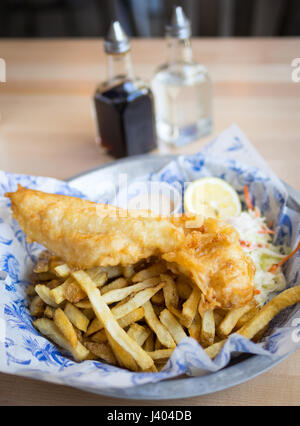 Fish and chips (haddock and chips) from Grandin Fish 'N' Chips, a popular fish and chips shop in Edmonton, Alberta, Canada. Stock Photo